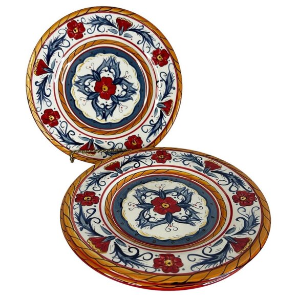 3 Tabletops Gallery Italiano Red Salad Luncheon Plates Round Hand Painted 8.75" - Picture 1 of 8